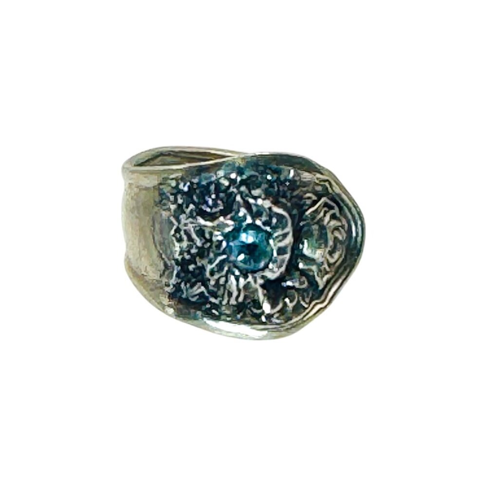 Vintage Spoon Ring With Aquamarine & Artisan Boho Metalwork Size 8 - Picture 7 of 17